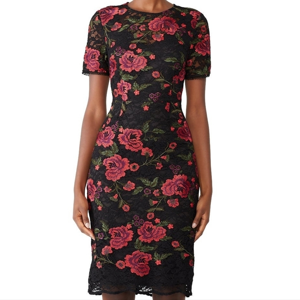 Trina Turk Women's Dress Floral Red Black Size 10 Lace Midi Length Embroidered - Picture 2 of 16